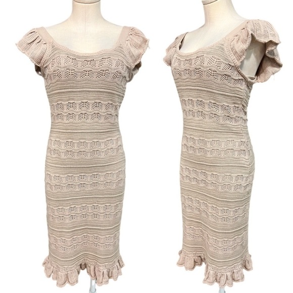 Freshman, Urban Outfitters Beige Crochet Style Cup Sleeves Dress with Ruffles - Picture 1 of 16